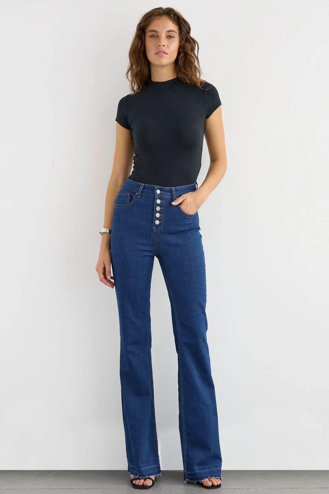High-Waist Flare Jeans with Button Detail by HICCUP