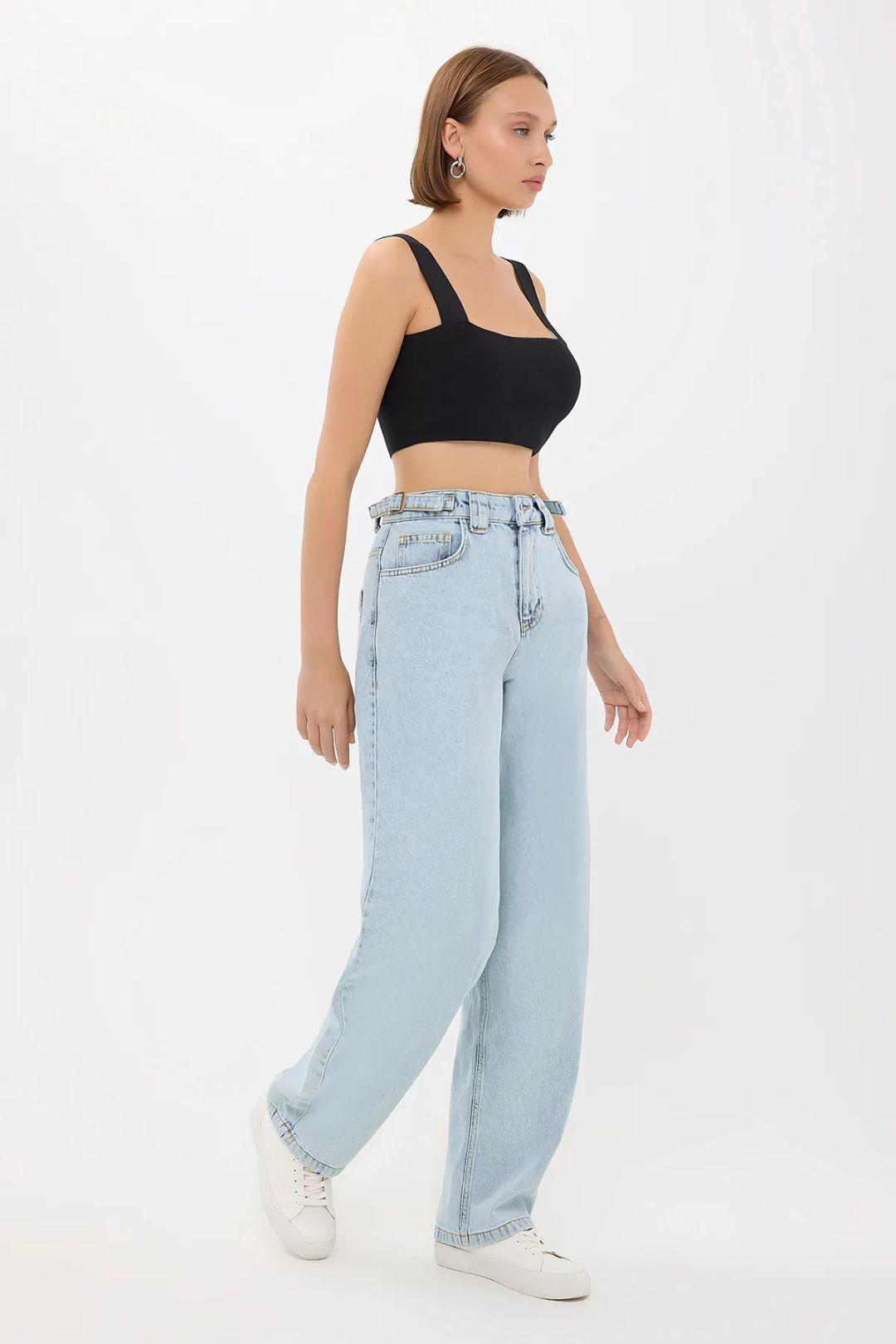High-Waist Mom Fit Jeans with Belt Detail by HICCUP