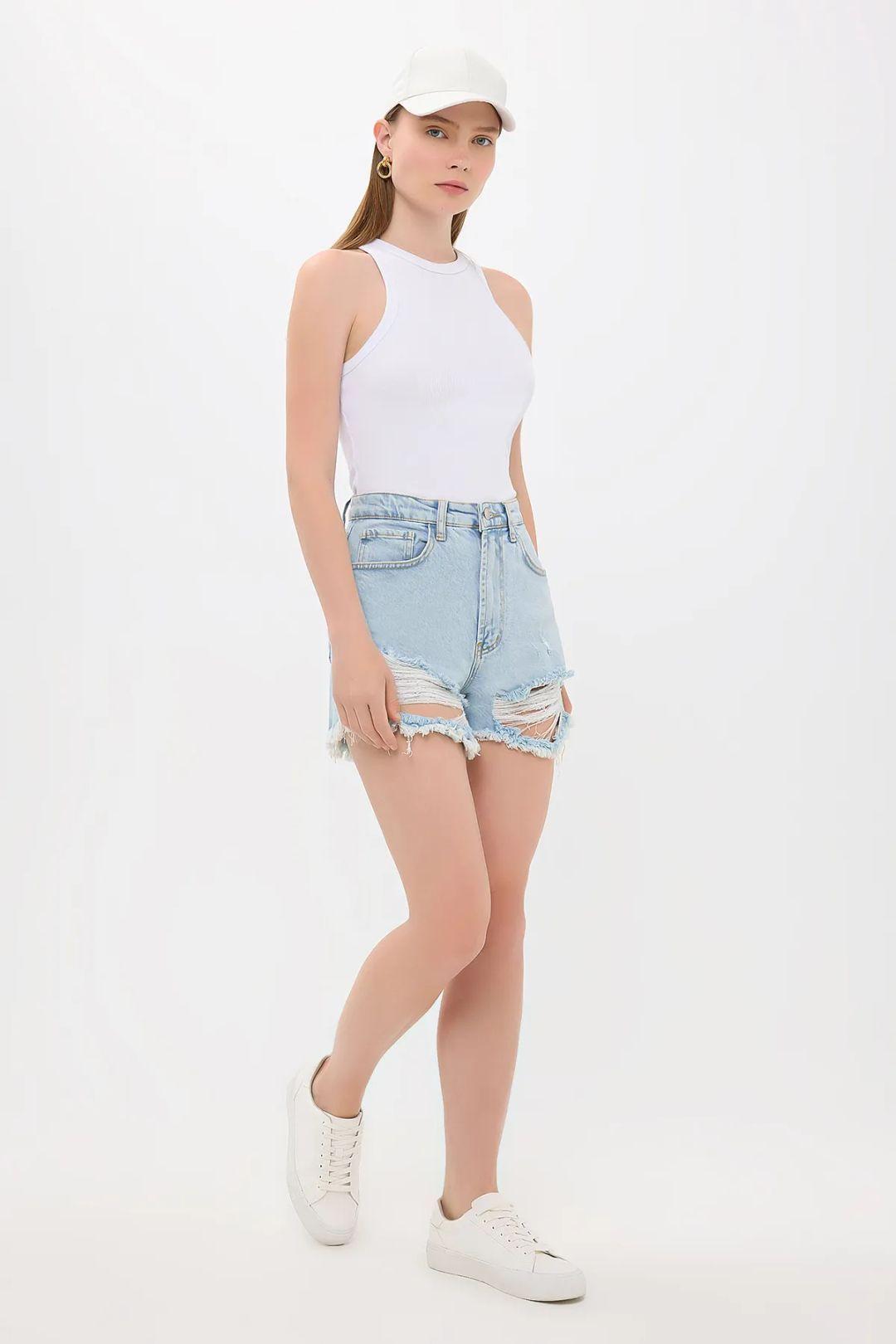 High-Waist Ripped Denim Mini Shorts by HICCUP