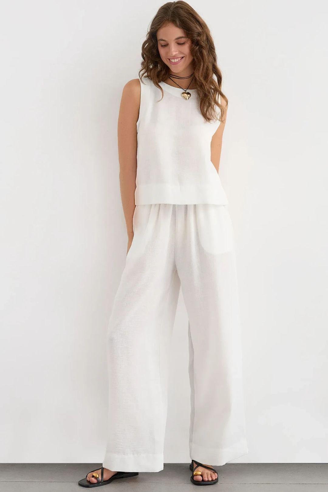 Linen Feel Blouse & Elastic Waist Pants Two-Piece Coord Set by HICCUP