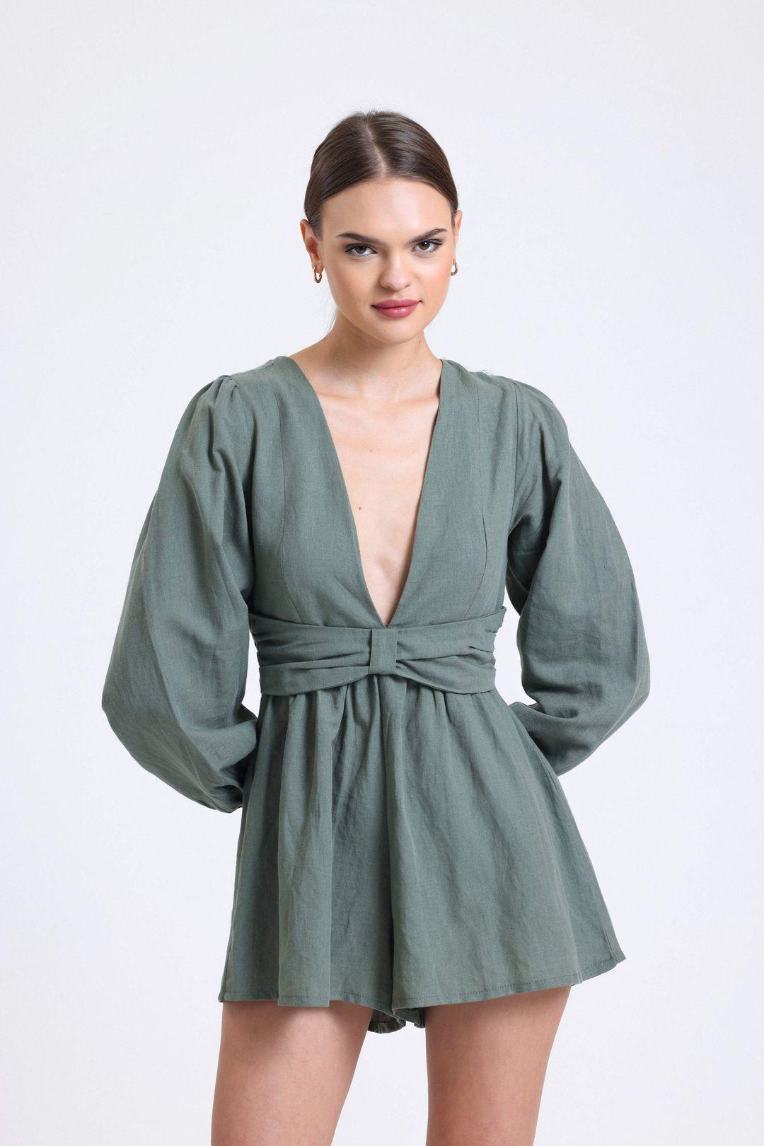 Linen Plunge Neck Long Sleeve Playsuit with a Back Cut Out by HICCUP