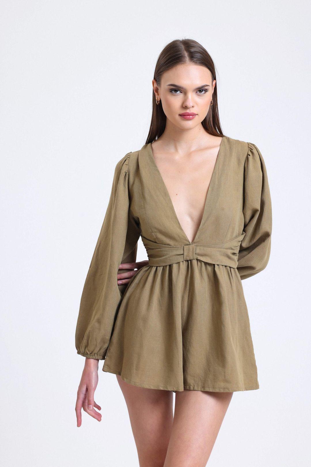 Linen Plunge Neck Long Sleeve Playsuit with a Back Cut Out by HICCUP