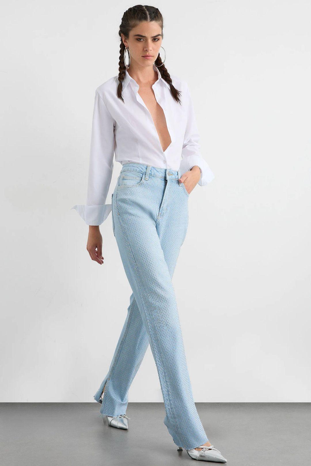 Mid Rise Side Slit Diamente Straight Leg Jeans by HICCUP