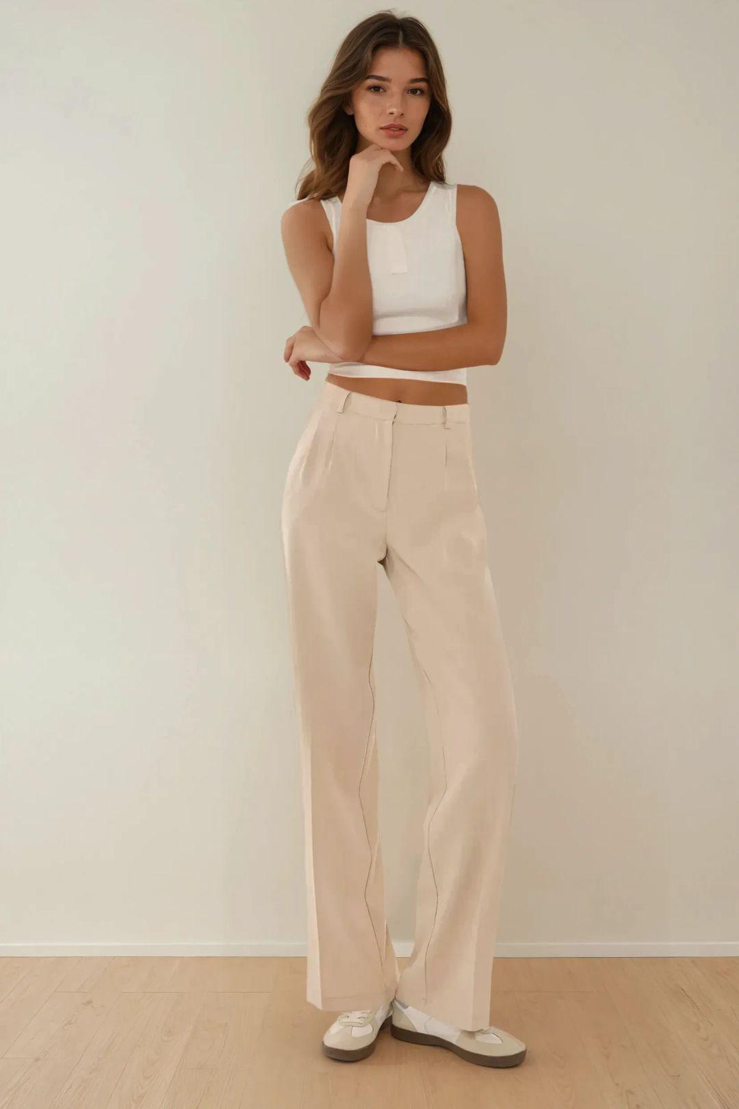 Mid Waist Pleated Straight Fit Pants by HICCUP