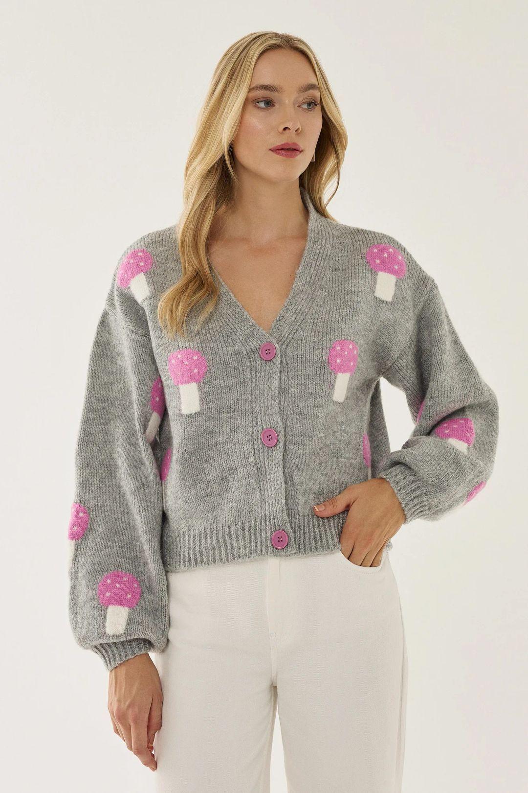 Mushroom Patterned V-Neck Cardigan by HICCUP