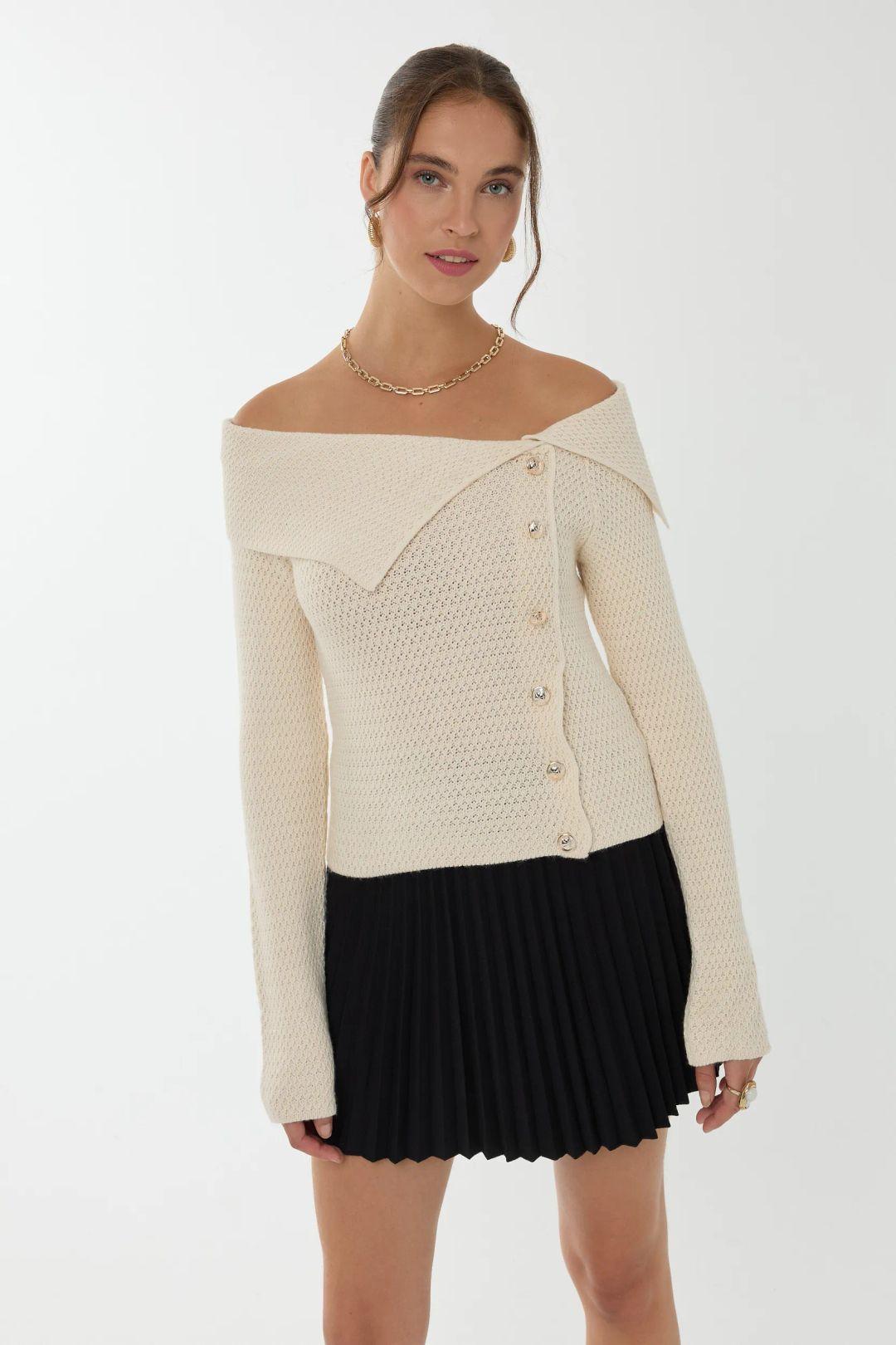 Off Shoulder Button Detail Sweater by HICCUP