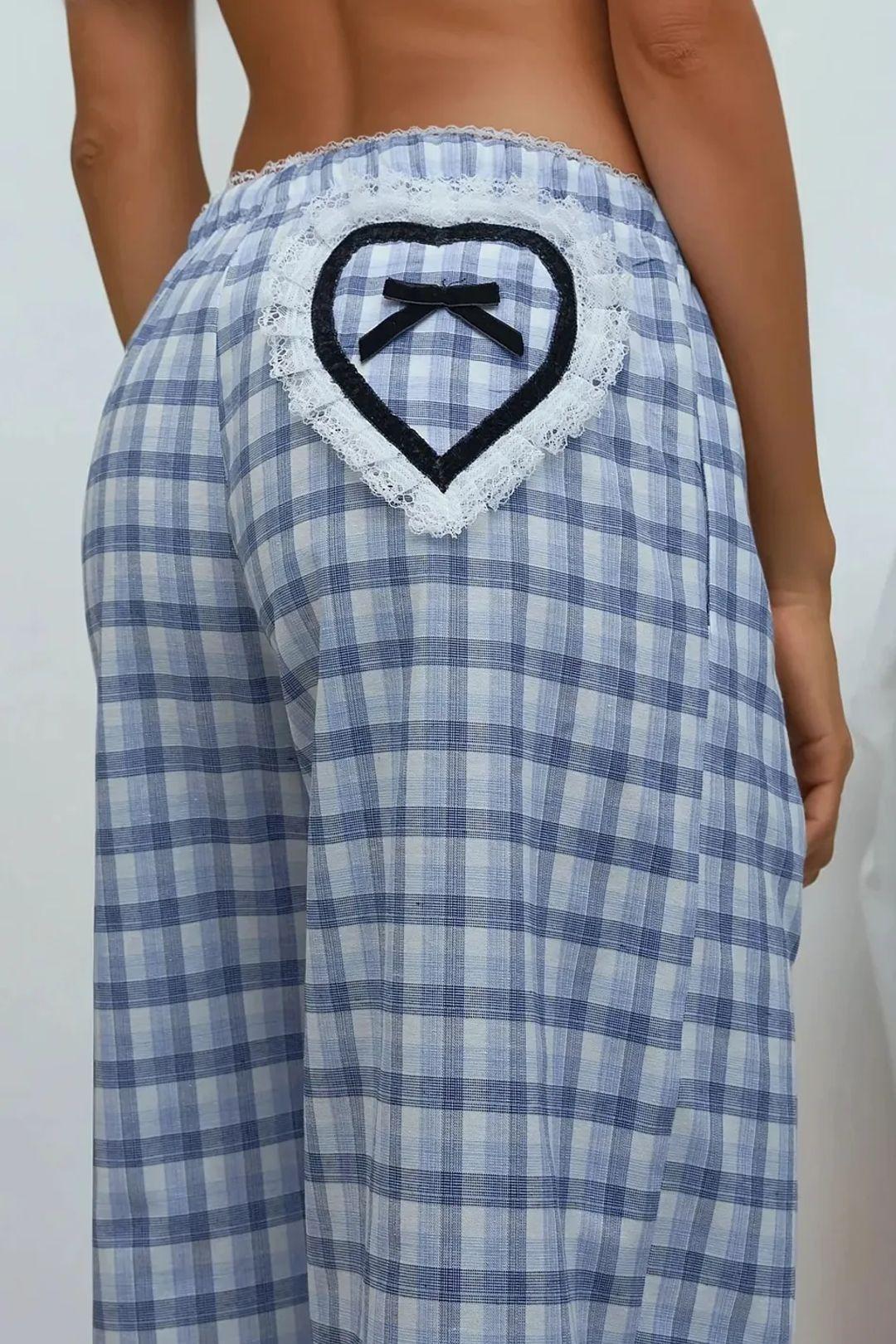 Plaid Long Lounge Bottoms with Back Heart Detail by HICCUP