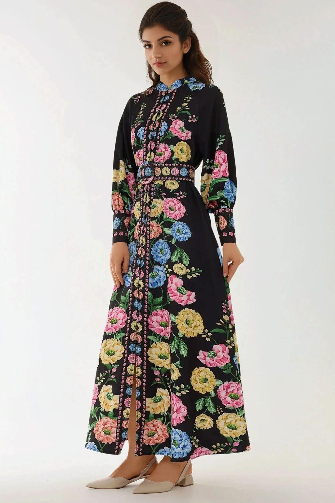 Printed Long Sleeve Maxi Dress with Belt by HICCUP