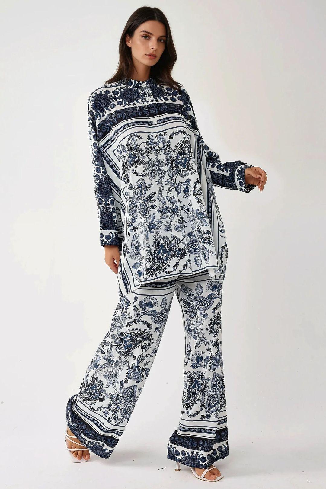 Printed Oversized Two-Piece Set with Crew Neck and Button Detail by HICCUP Printed Oversized Two-Piece Set with Crew Neck and Button Detail by HICCUP