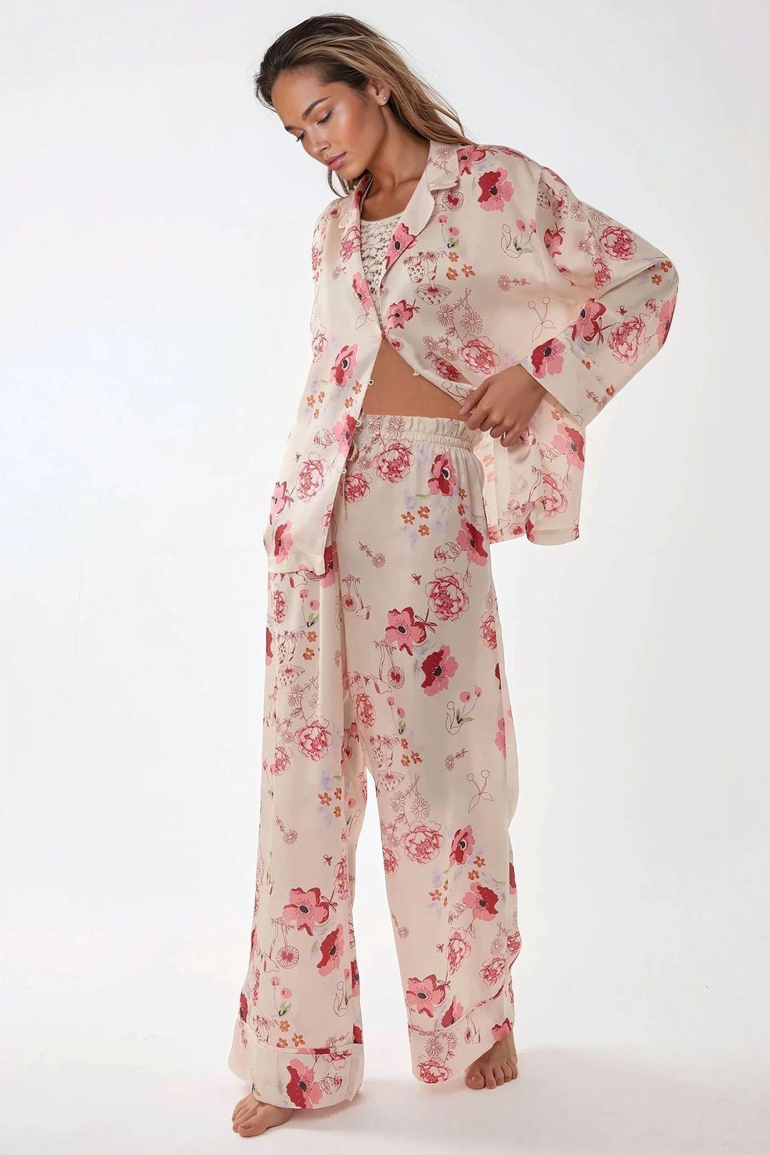 Printed Satin Pajama Set with Shirt Collar by HICCUP