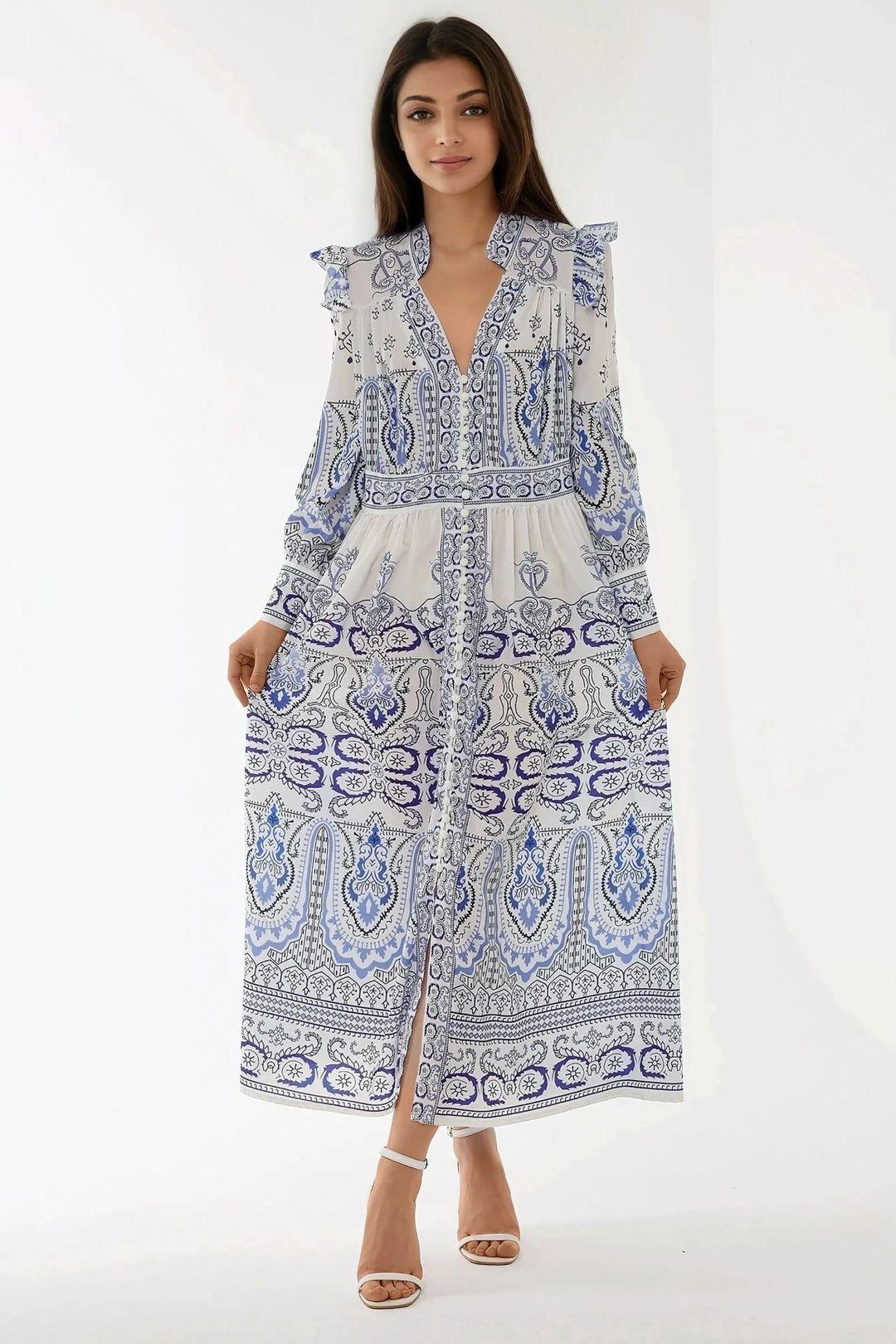 Printed V-Neck Maxi Dress with Ruffle Detail by HICCUP