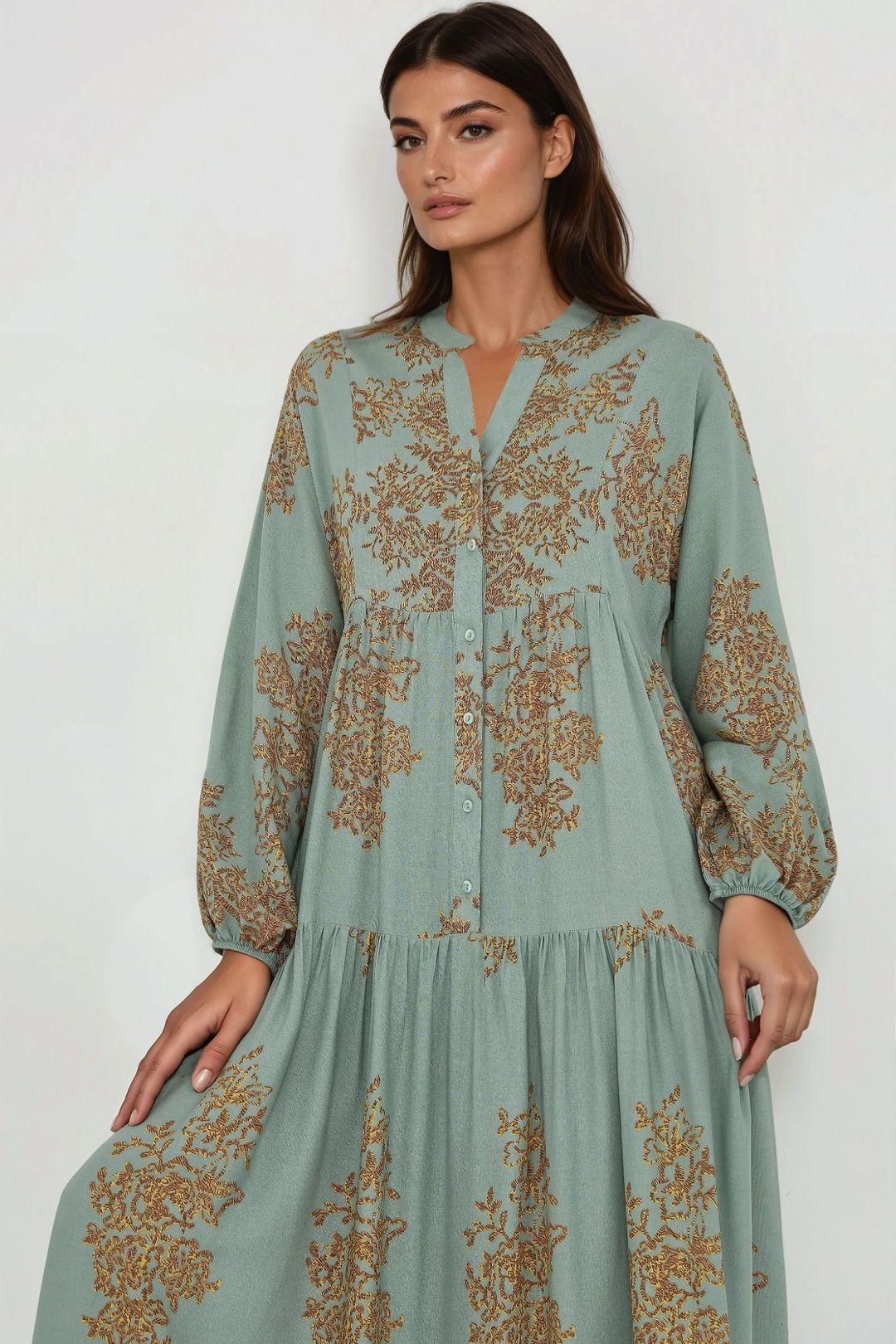 Printed Viscon Maxi Dress with Shirt Collar by HICCUP