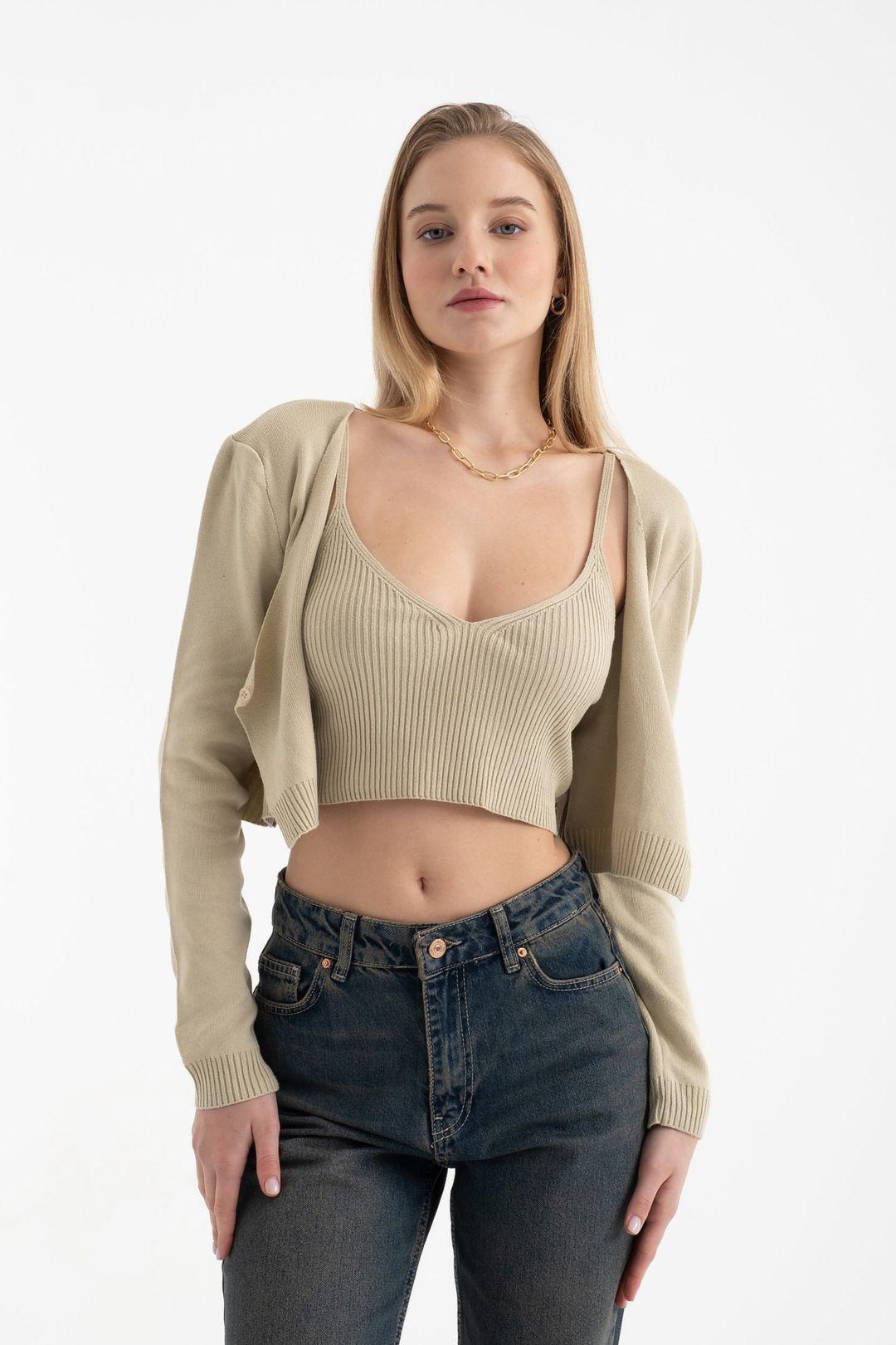 Scoop Neck Knitted Cropped Cardigan & Sleeveless Crop Top Coord by HICCUP