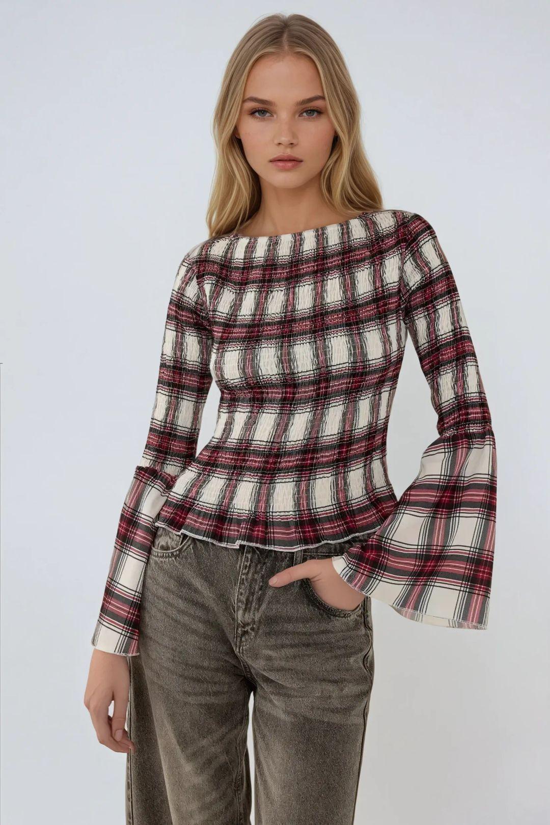 Shirred Boat Neck Plaid Top by HICCUP