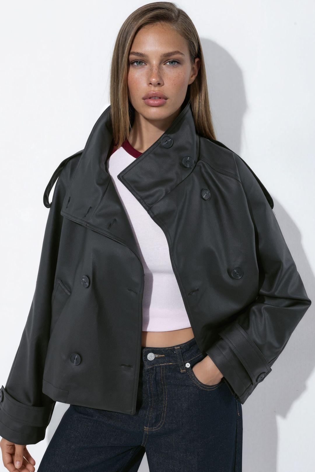 Short Faux Leather Trench Coat by HICCUP