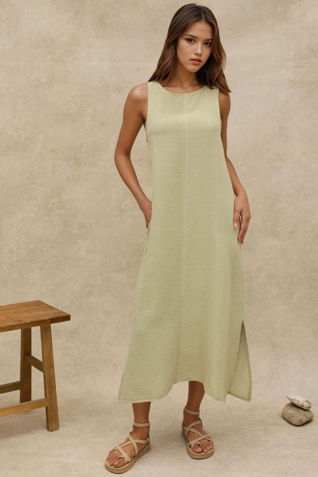 Textured Cotton Midi Beach Dress with Slit by HICCUP Textured Cotton Midi Beach Dress with Slit by HICCUP