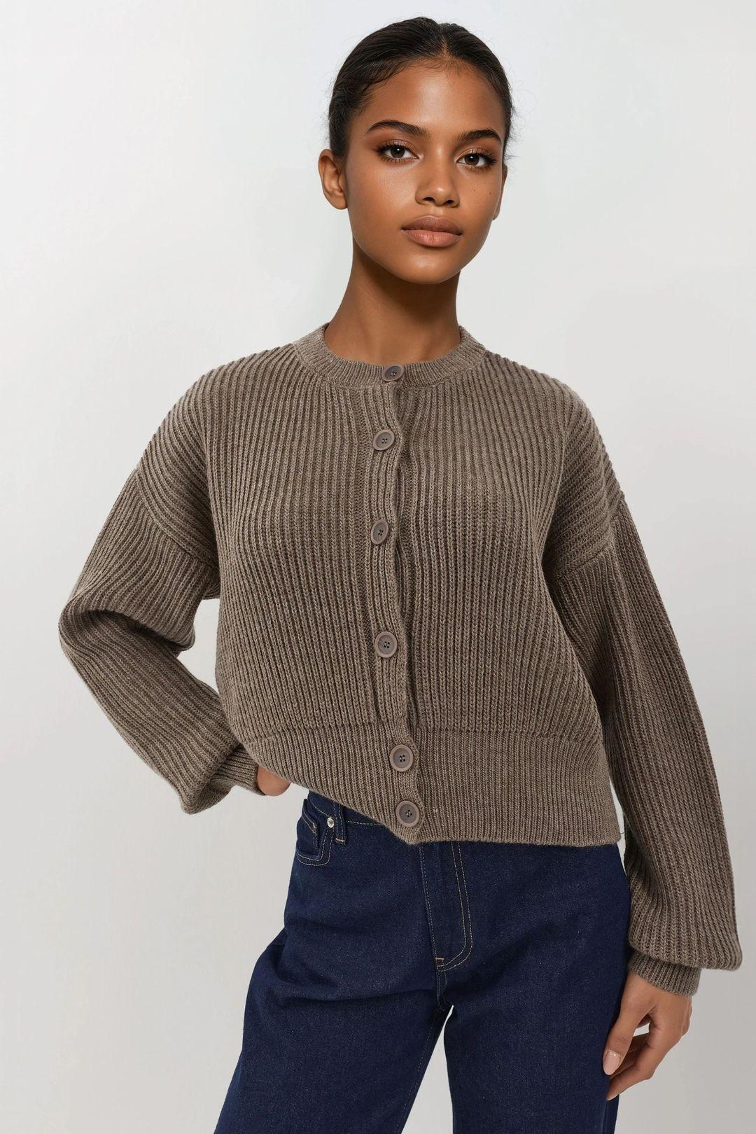 Textured Crew Neck Long Sleeve Cardigan with Buttons by HICCUP
