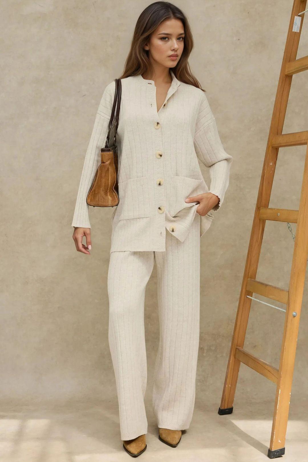 Textured Knit Co-Ord Set with Button Detail by HICCUP