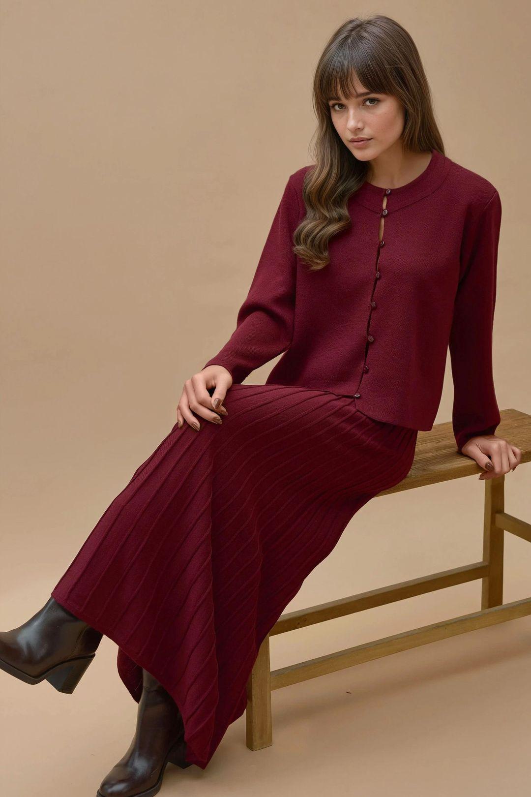 Textured Knit Co-Ord Set with Crew Neck Cardigan and Flared Skirt by HICCUP