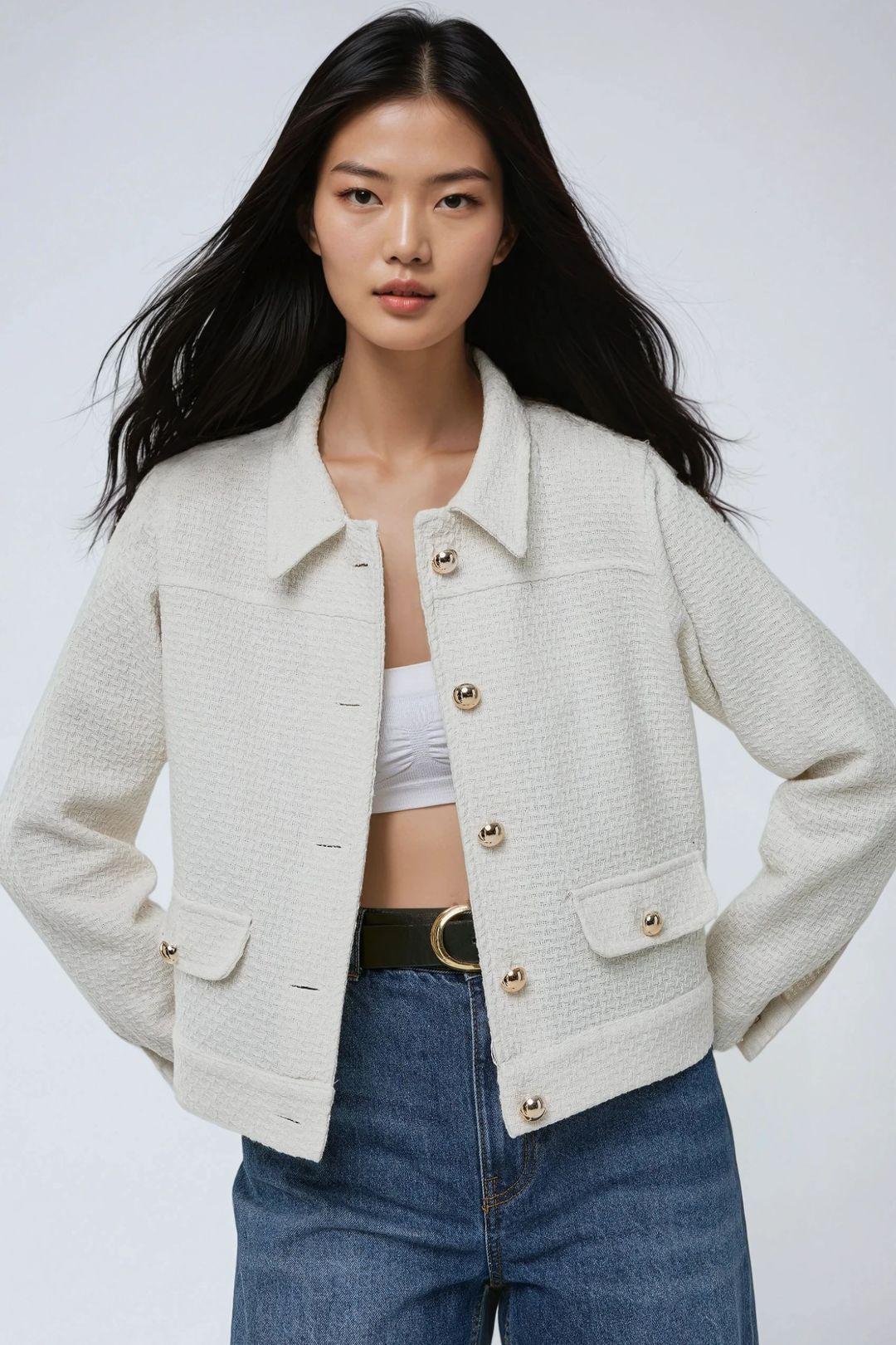 Textured Tweed Jacket with Button Closure by HICCUP