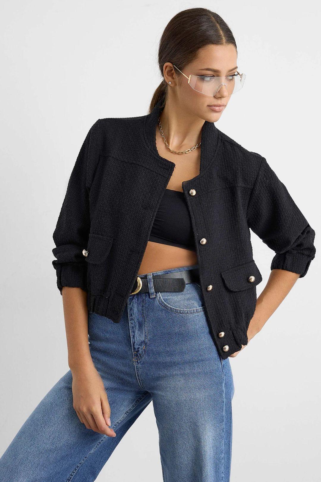 Tweed Round Neck Jacket with a Pocket Detail by HICCUP