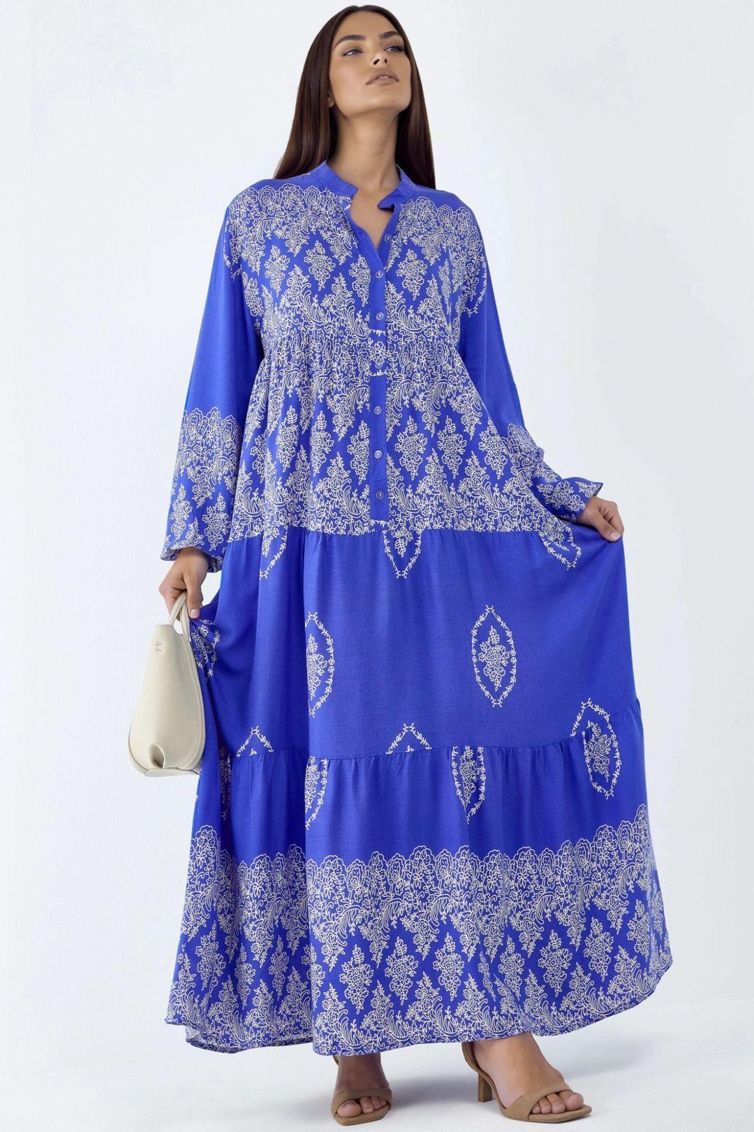 V-Neck Patterned Maxi Dress with Button Closure by HICCUP