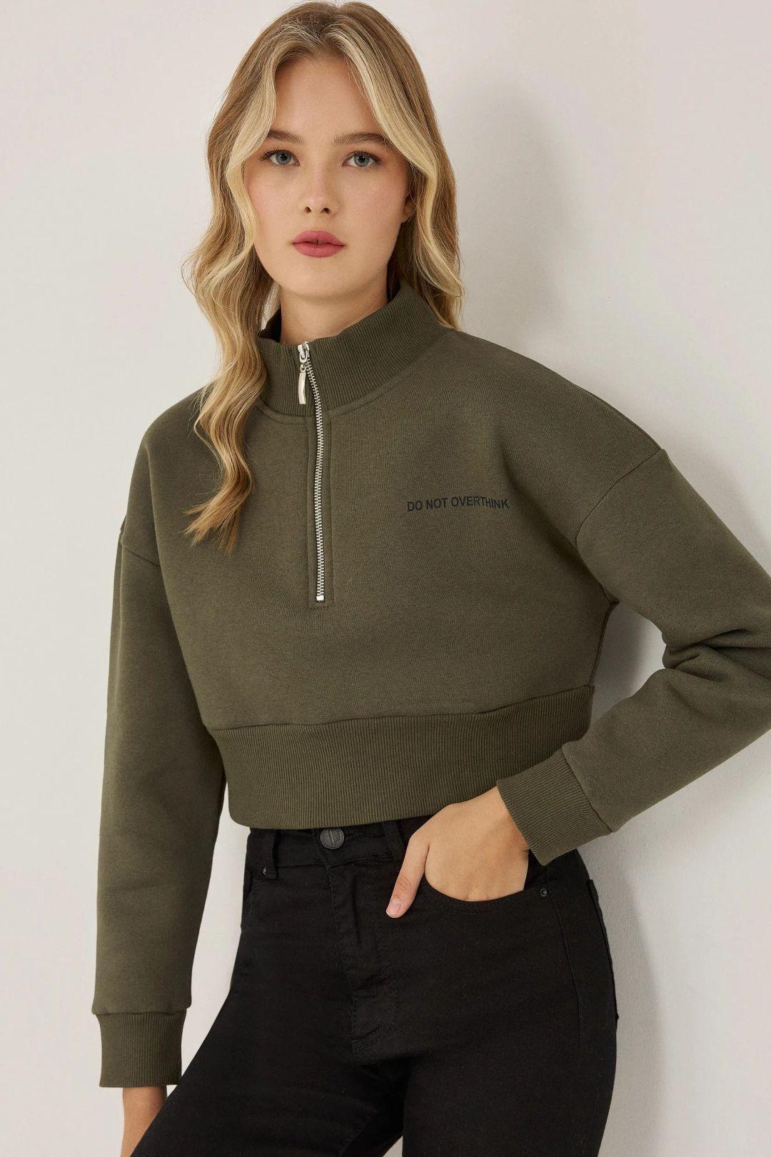 Zipper Collar Crop Slogan Sweatshirt by HICCUP