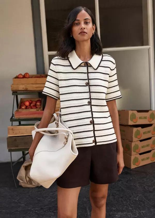 Alderton Cotton Short Sleeve Striped Crochet Shirt by HOBBS