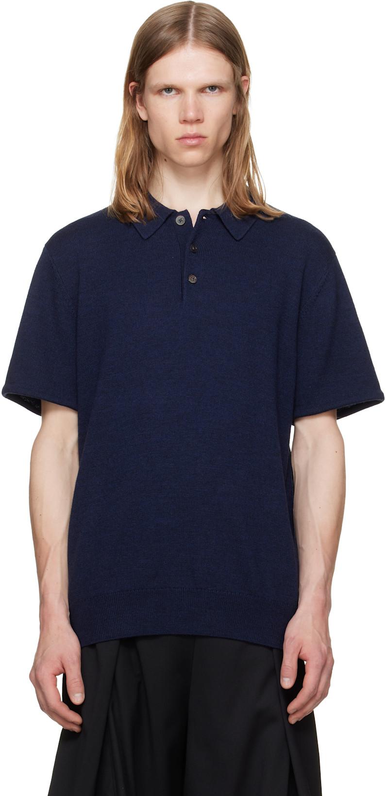 Navy Knit Wool Short Sleeve Polo by HODAKOVA