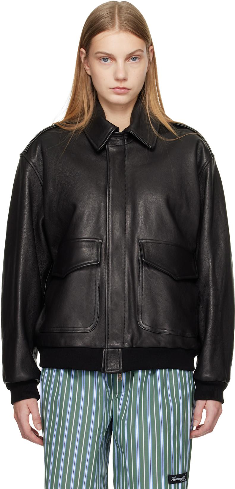Black Leather Bomber Jacket by HOMMEGIRLS