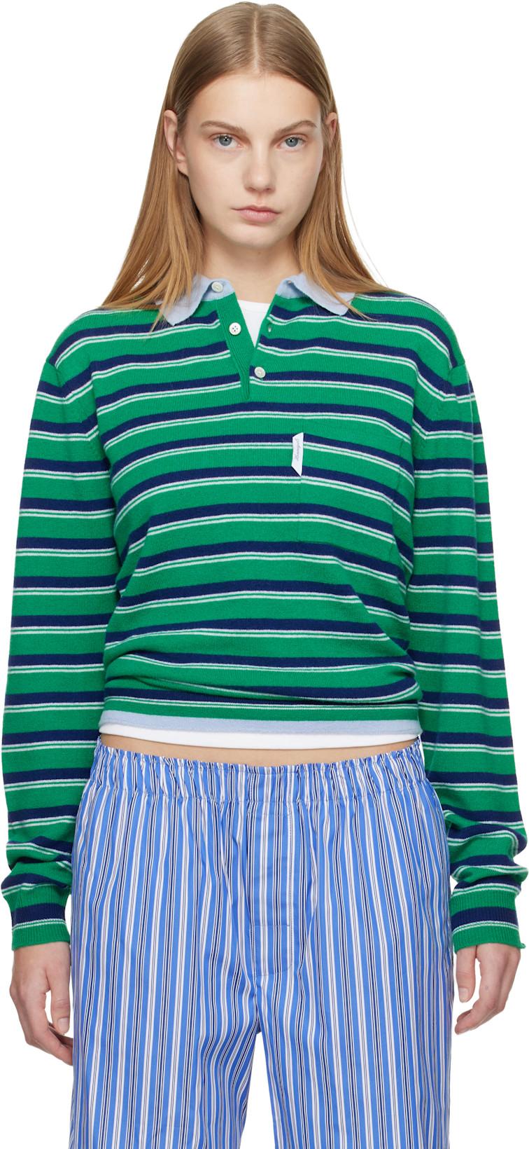 Green & Navy Knit Stripe Polo by HOMMEGIRLS