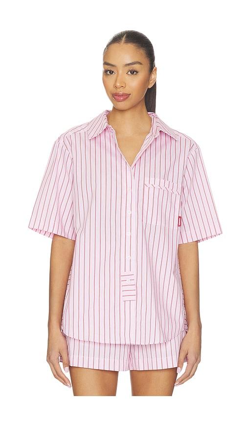 Hommey Stripe Pajama Short Sleeve Shirt in Pink by HOMMEY