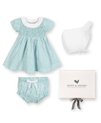 Girls' Short Sleeve Linen Dress with Ruffle Collar and Bonnet Boxed Gift Set - Baby by HOPE&HENRY