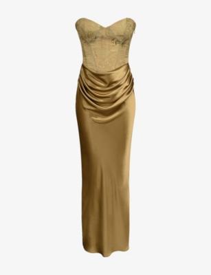 Aurelia Strapless Brocade and Satin Corset Maxi Dress by HOUSE OF CB
