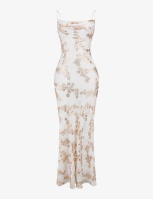 Capriana floral-embroidered satin maxi dress by HOUSE OF CB