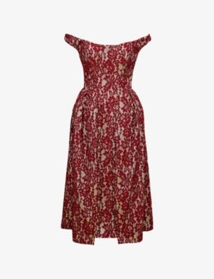 Charming Off-The-Shoulder Lace and Satin Midi Dress by HOUSE OF CB