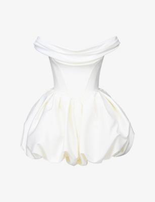 Leonora Off-The-Shoulder Satin Mini Bridal Gown by HOUSE OF CB