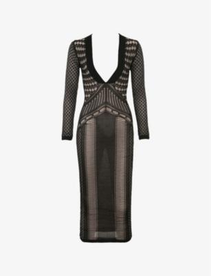 Loula Plunge-Neck Long-Sleeve Stretch-Knit Midi Dress by HOUSE OF CB