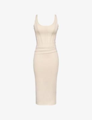 Samya Corset-Bodice Stretch-Woven Midi Dress by HOUSE OF CB