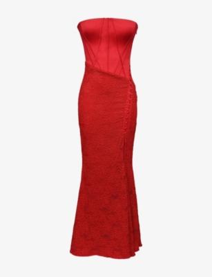 Valerie Strapless Satin and Lace Maxi Dress by HOUSE OF CB