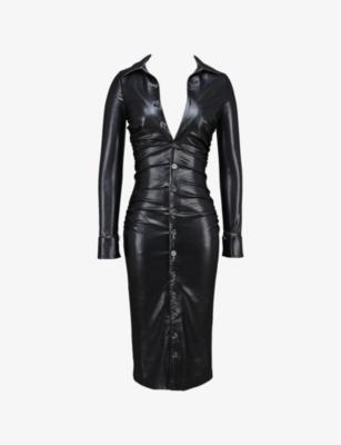 Viola Open-Collar Button-Down Faux-Leather Midi Dress by HOUSE OF CB