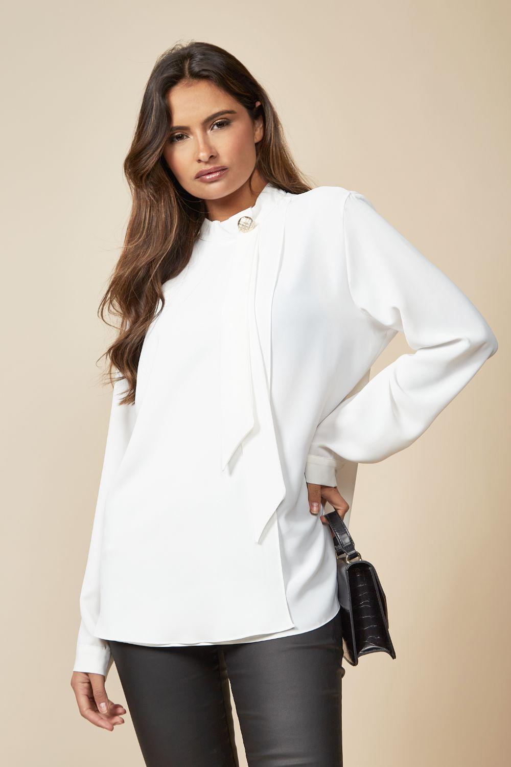 Oversized High Neck Blouse with Brooch Detail by HOXTON GAL