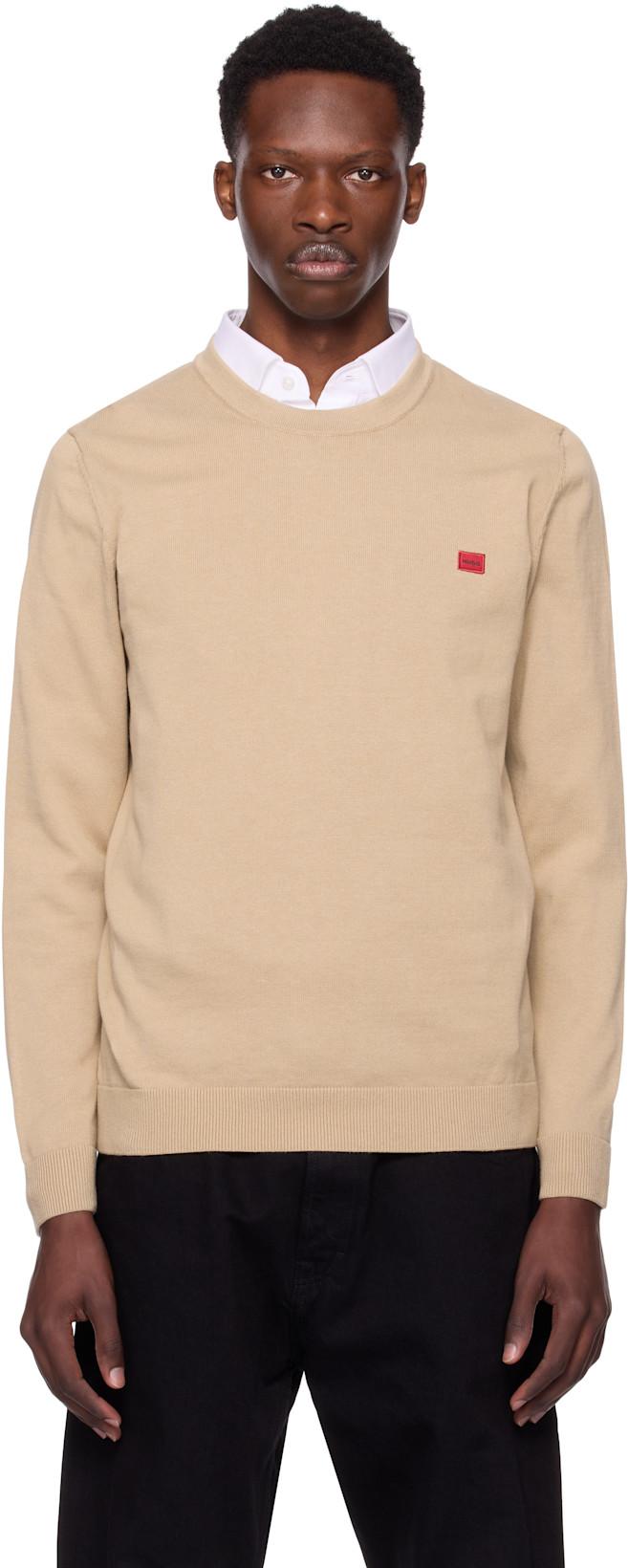 Beige Knitted Cotton Red Logo Label Sweater by HUGO BOSS