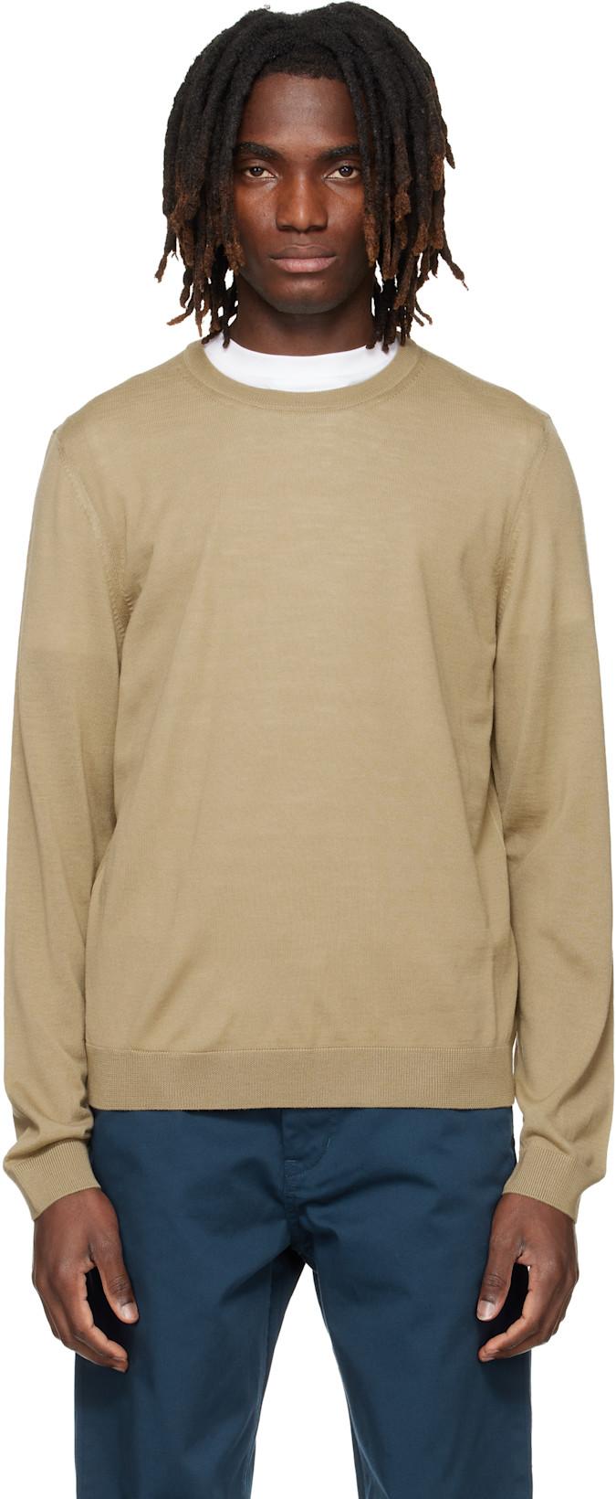 Beige Merino-Wool Slim Fit Sweater by HUGO BOSS