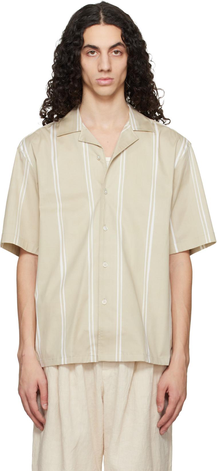 Beige Striped Relaxed-Fit Stretch Cotton Shirt by HUGO BOSS