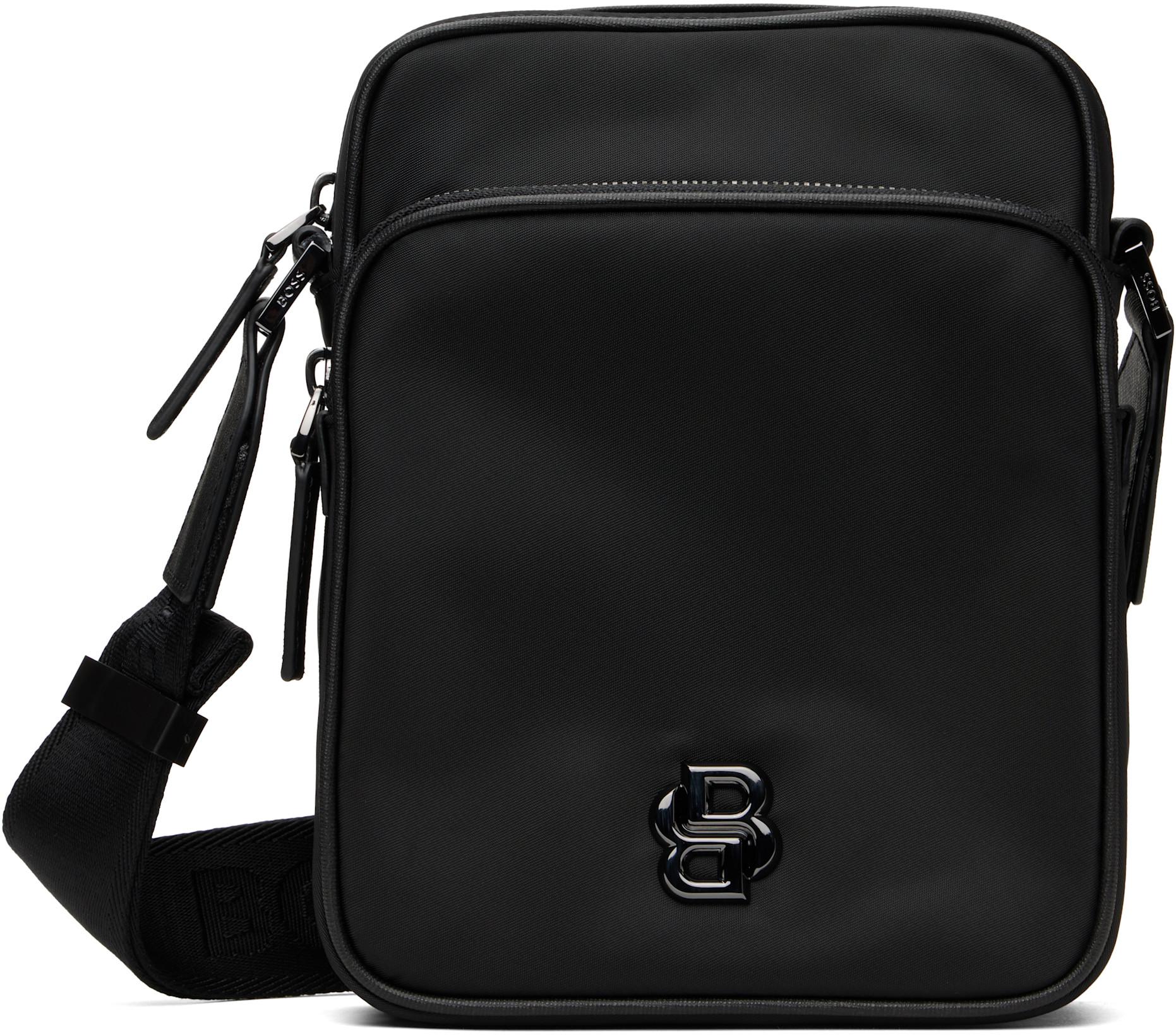 Black Double B Monogram Twill Reporter Bag by HUGO BOSS