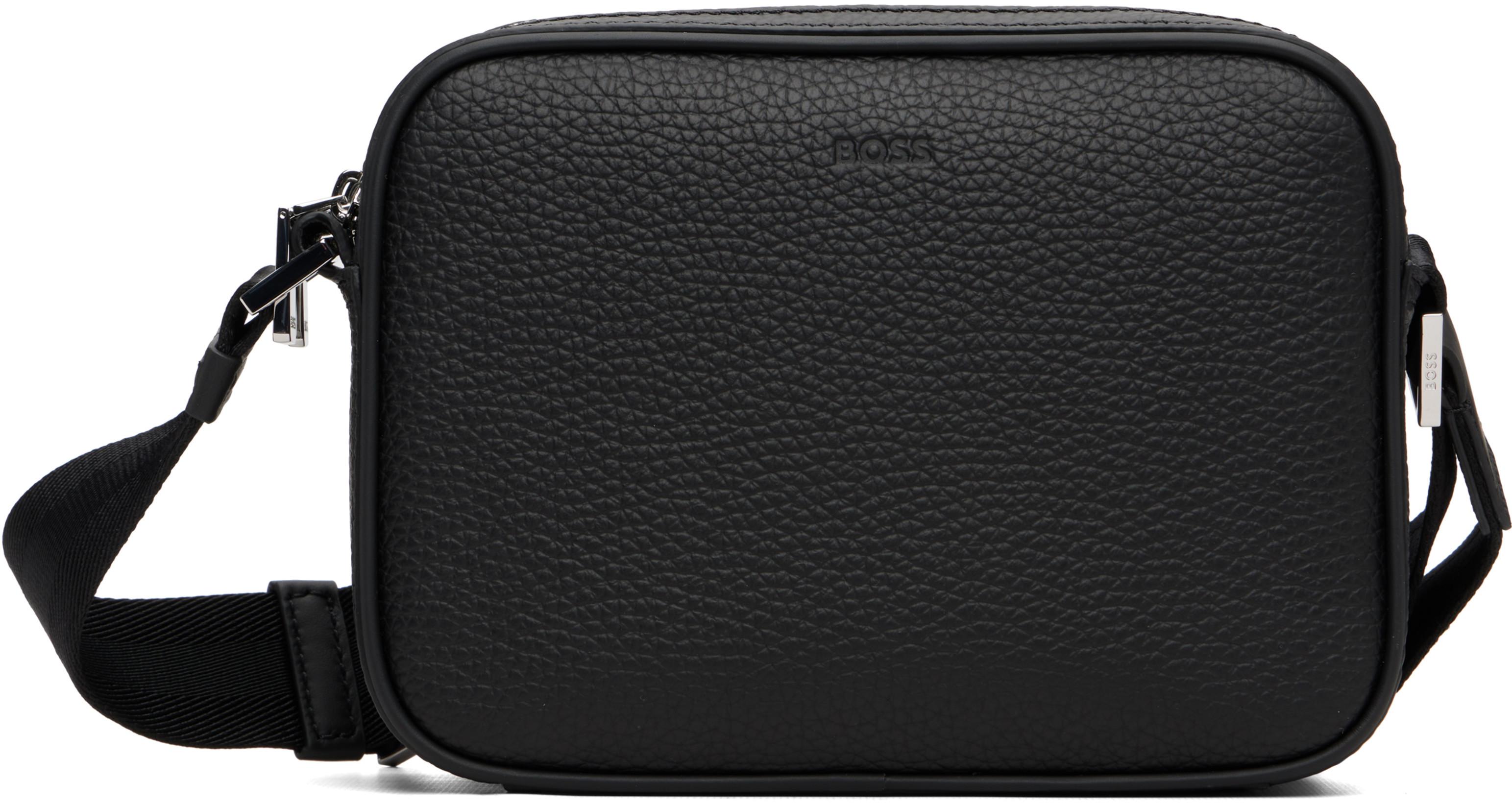 Black Embossed Logo Leather Crossbody Bag by HUGO BOSS
