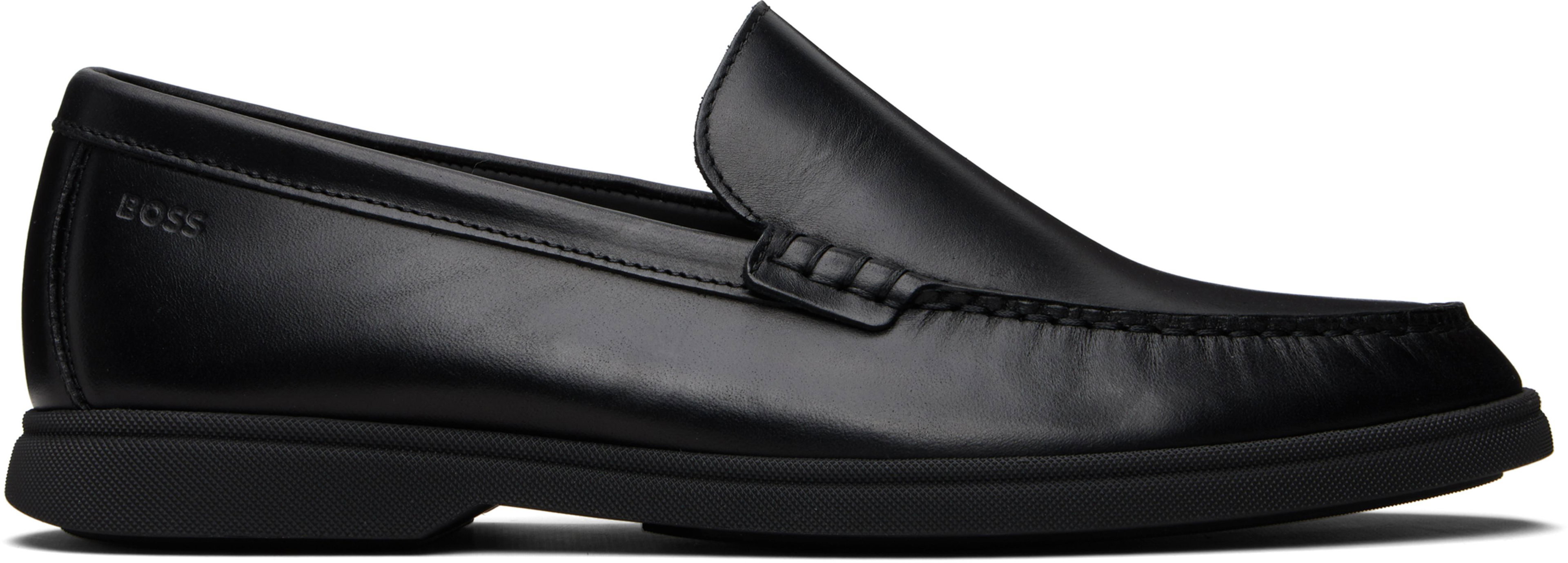 Black Embossed-Logo Leather Loafers by HUGO BOSS