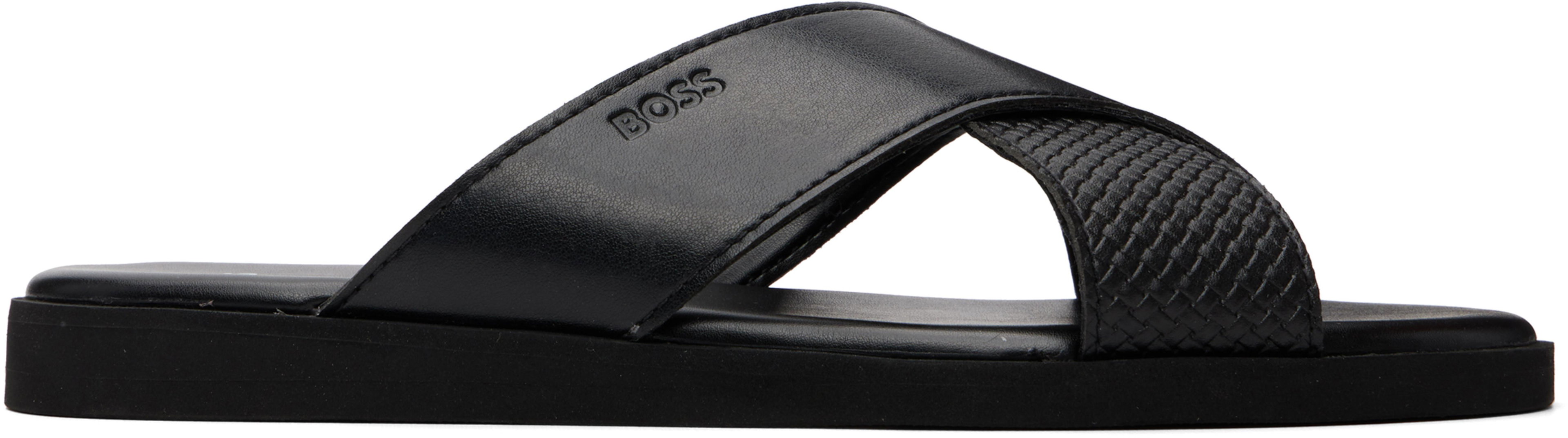Black Faux-Leather Plain & Patterned Straps Sandals by HUGO BOSS