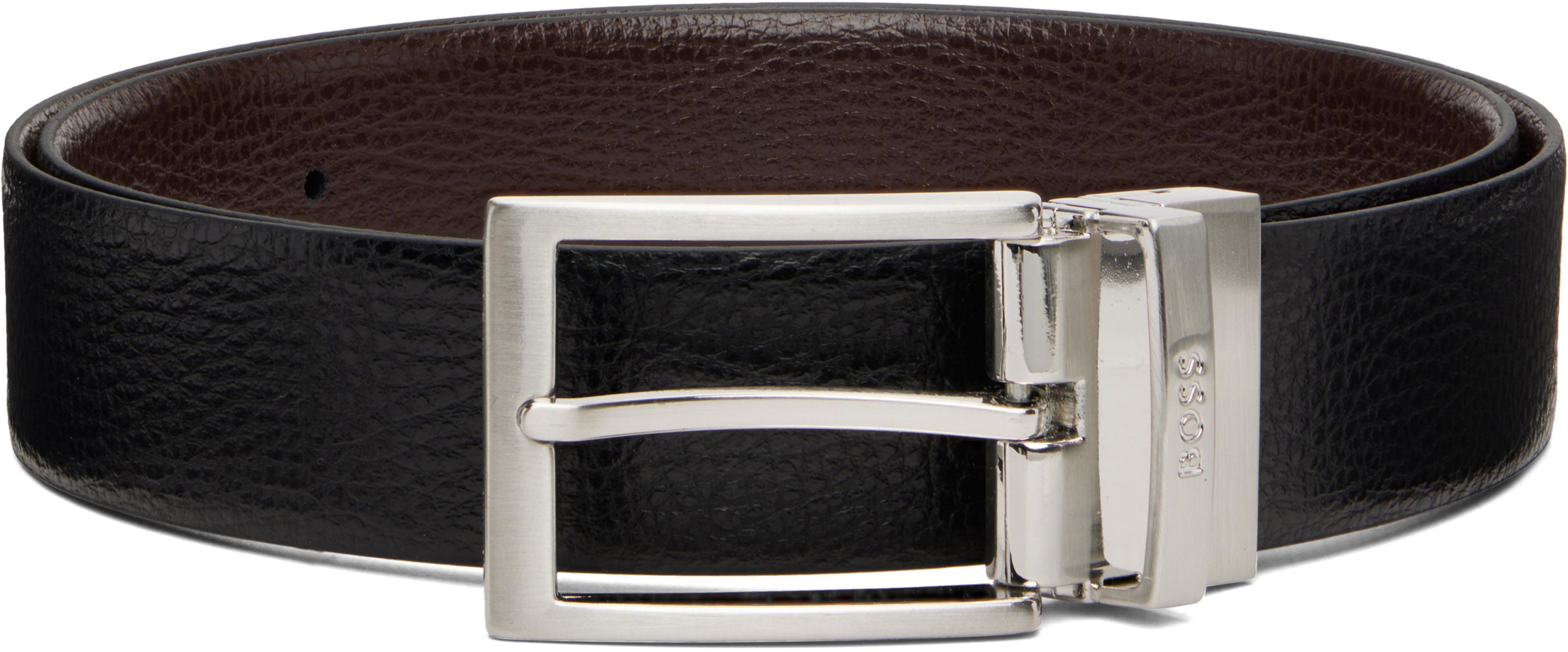Black Grained Italian Leather Logo Keeper Reversible Belt by HUGO BOSS